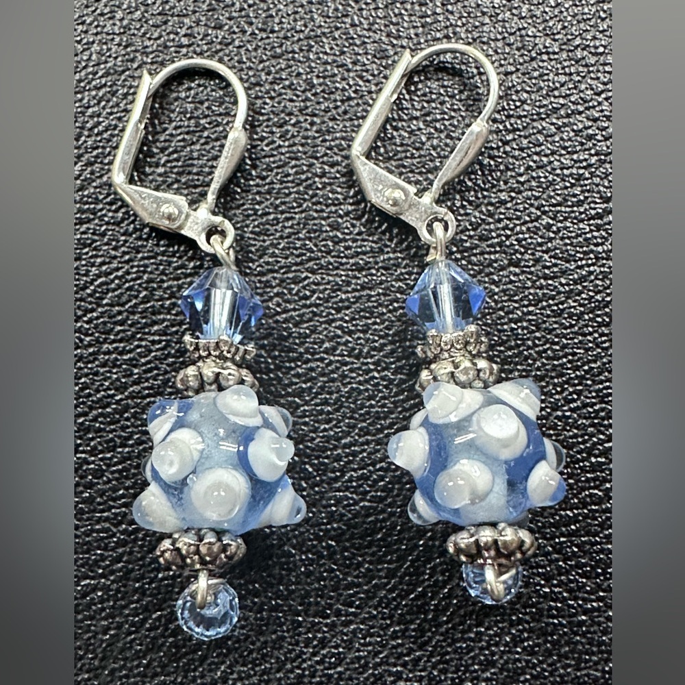 Glass Lamp Work Earrings blue and white